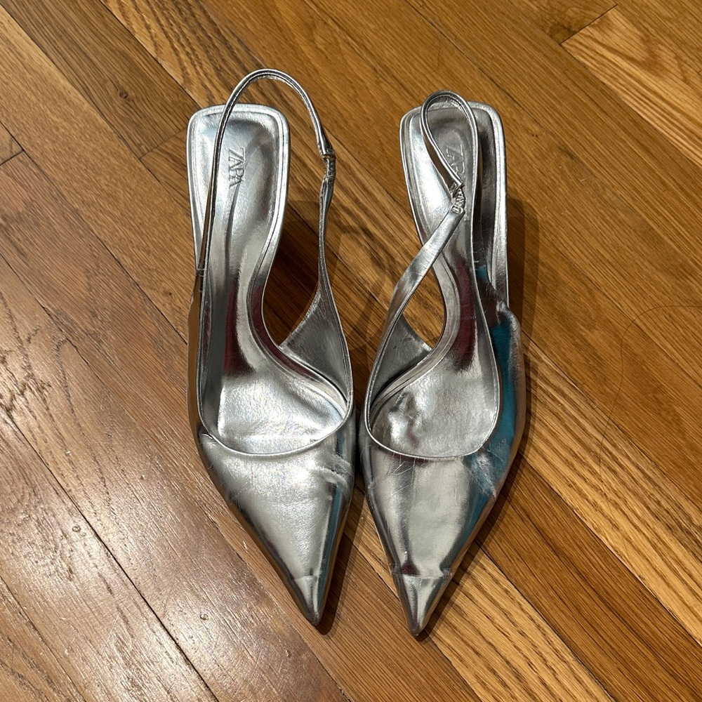 Zara silver slingback kitten heels